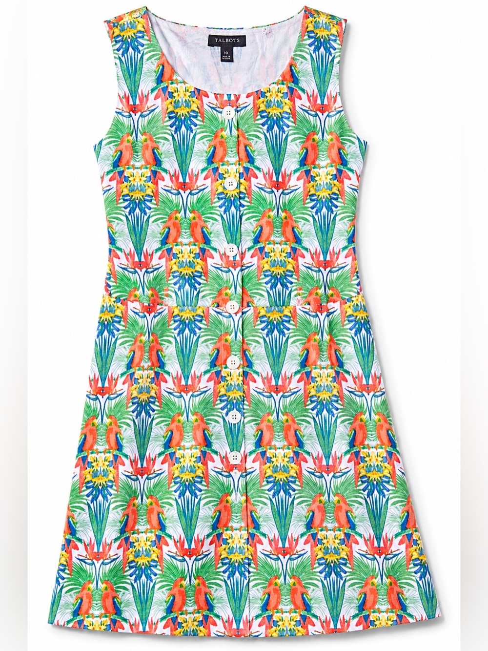 Talbots Tropical Parrot Print Button Front Dress Resort Coastal‎ Cotton Sz 10